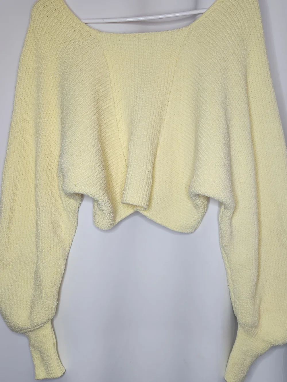Free People Pale Yellow Off-Shoulder Cropped Knit Sweater